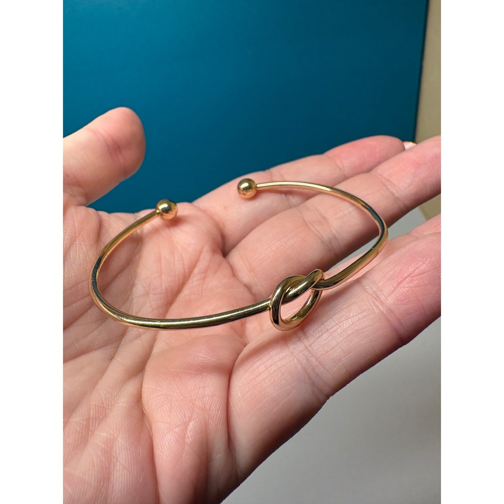 Gold Tone Love Knot Cuff Bracelet Minimalist Open Bangle Ball End